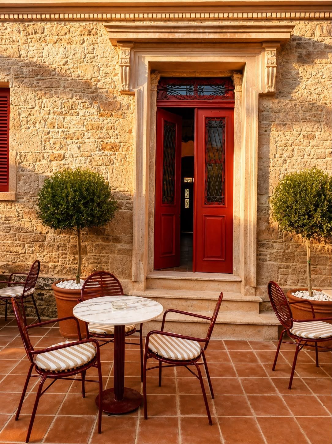 Un edificio de piedra con puerta roja y un pequeño patio con mesas y sillas redondas.