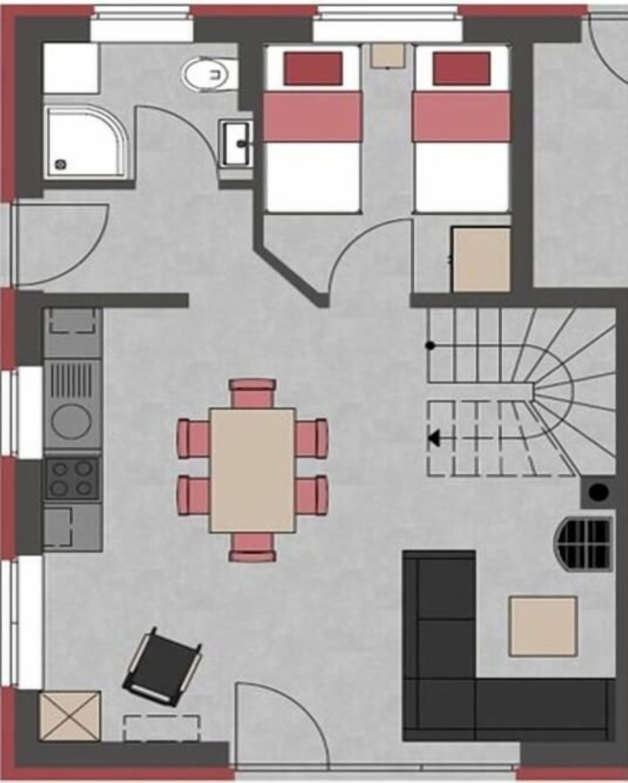 En hotellrumslayout med ett litet kök, en matplats, ett vardagsrum med soffa och ett badrum.