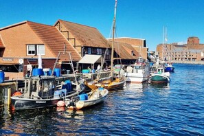 A harbor with boats docked, buildings with traditional architecture, and a clear blue sky. - Wismar cog starboard (Zierow)