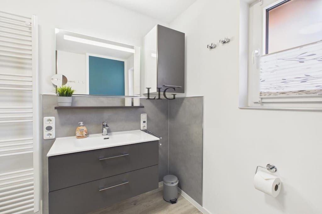 A modern bathroom with a white sink, dark cabinets, a mirror, a toilet paper holder, and a small trash bin.