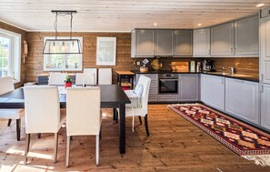 A modern kitchen with grey cabinets, a dining table with chairs, and a patterned rug. - 4 bedroom stunning home in Flå (Flå)