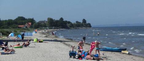 Une plage où l’on peut voir des gens bronzer, nager et s’amuser.