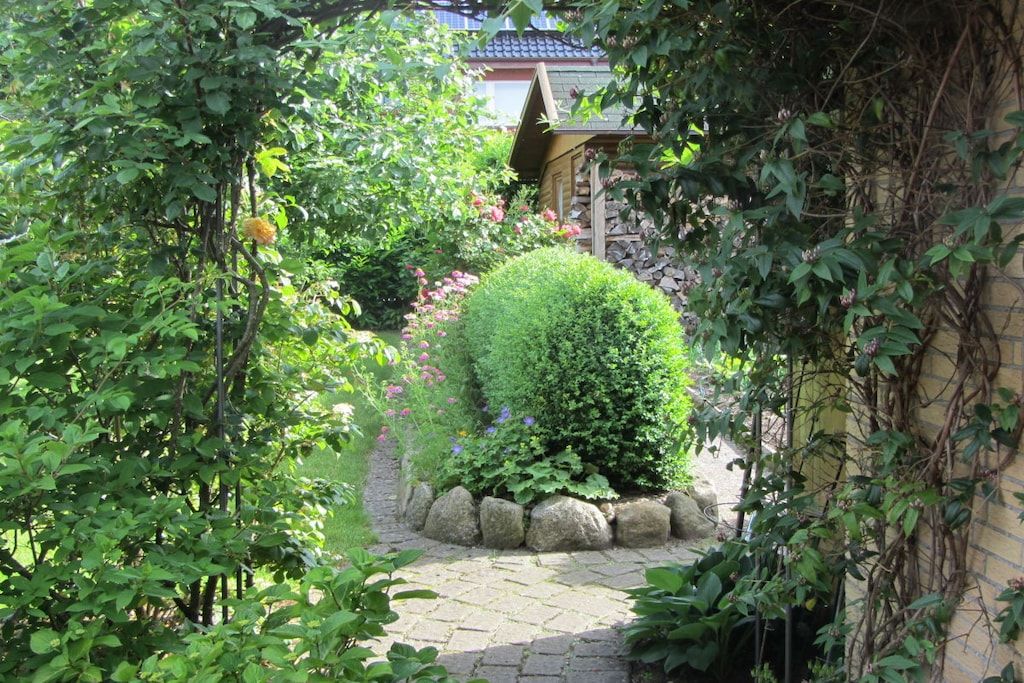 A garden pathway with a stone border, surrounded by lush greenery and flowering plants.