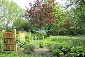 A garden with a wooden gate, a trellis, and various plants. - Holiday apartment in Welt with swimming pool (Welt)