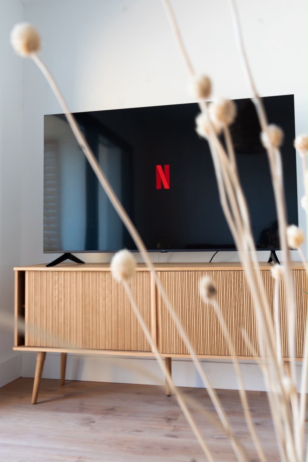 Ein modernes Wohnzimmer mit Fernseher an der Wand, montiert an einem Holzschrank, einem sichtbaren Netflix-Logo und einer Pflanze im Vordergrund.