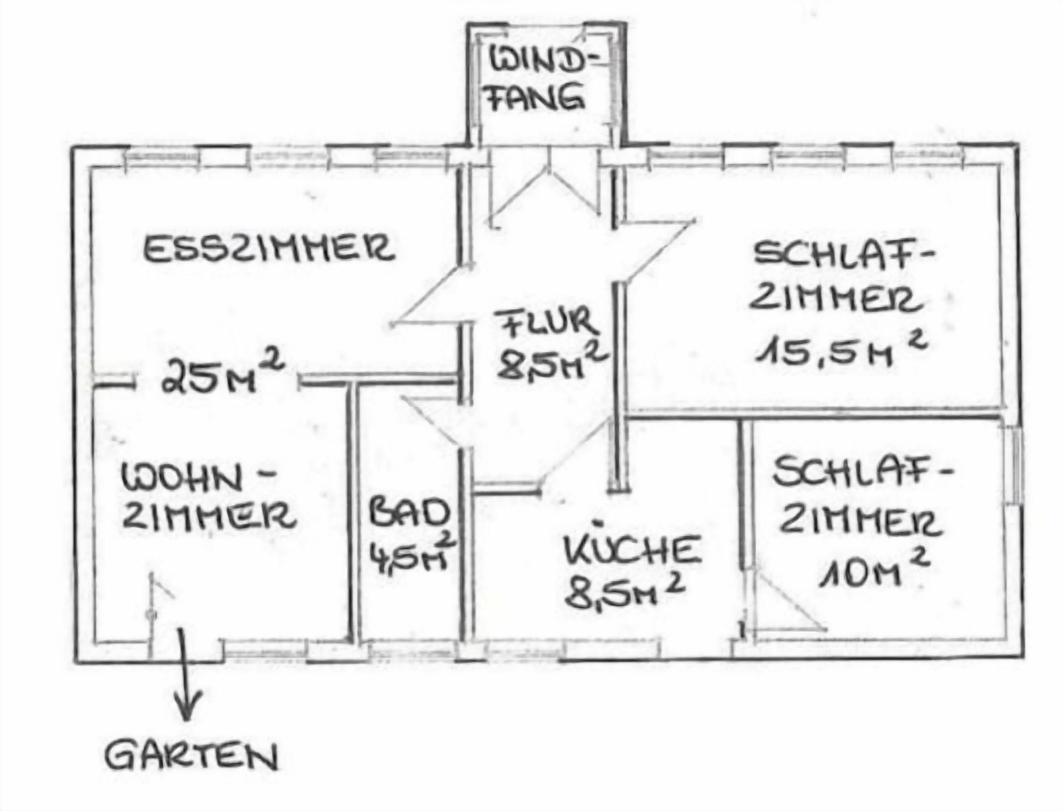 A floor plan with a wind tunnel, living room, bathroom, kitchen, and garden.