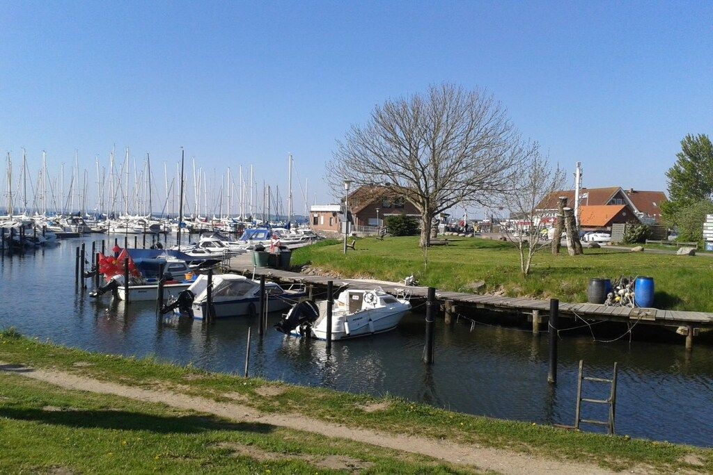 Un puerto deportivo con barcos amarrados, una zona verde y un edificio con tejado rojo.