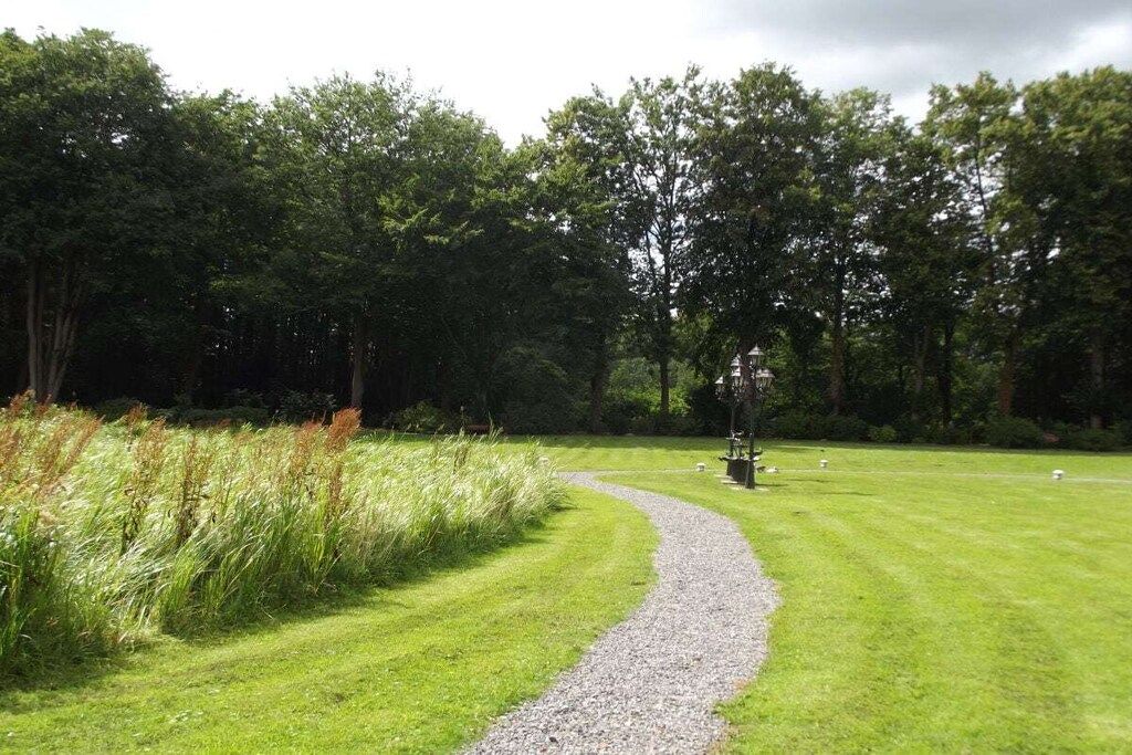 Ein Kiesweg schlängelt sich durch eine Wiese, gesäumt von Bäumen.