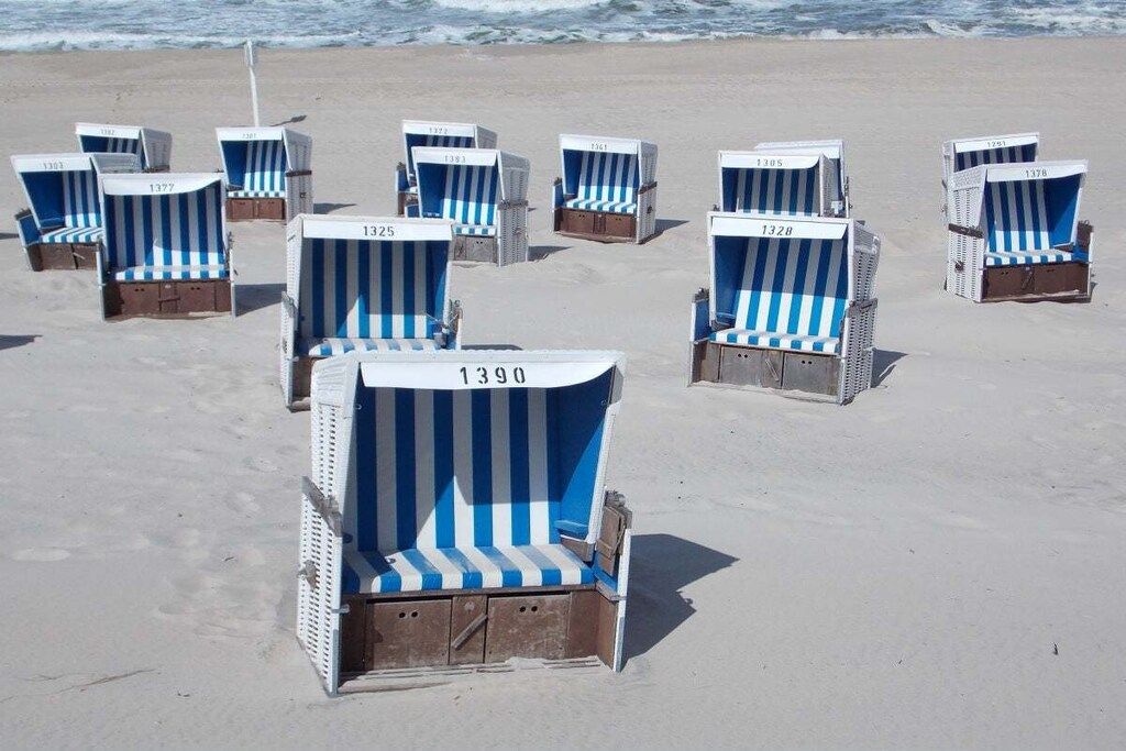 Beach chairs with numbers on them arranged on a sandy beach.