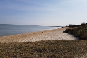A beach with a sandy shore and a grassy area in the foreground. - Ground floor holiday apartment Zur Eiche 19 (Tinnum \/ Sylt)