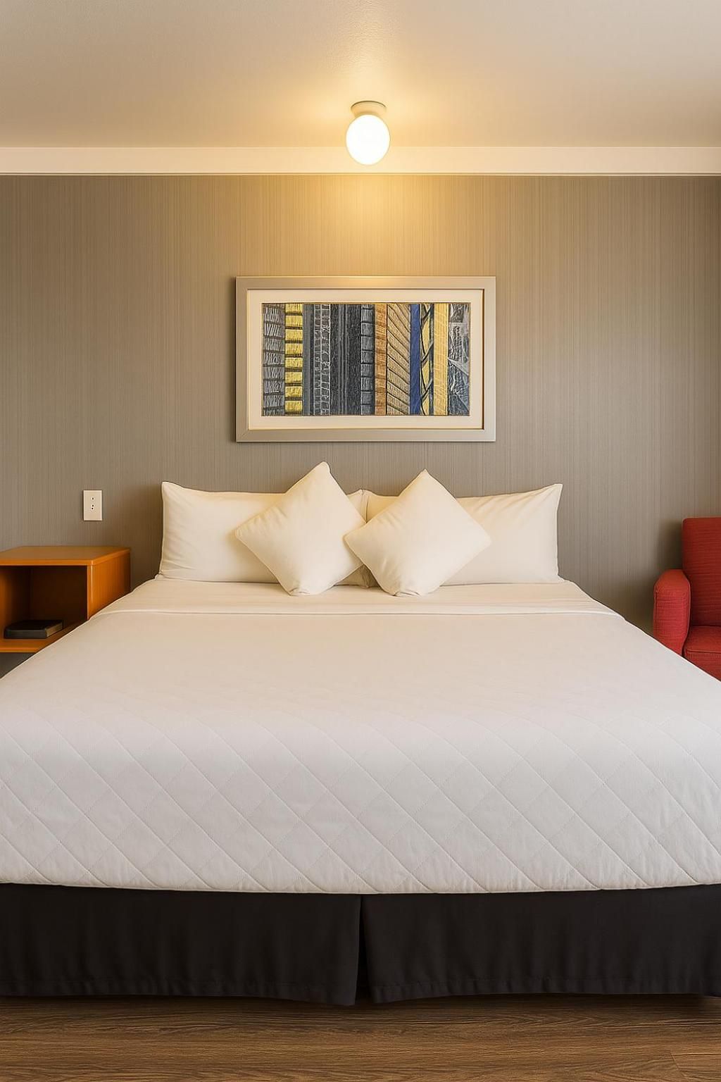 A hotel room with a large bed, a nightstand, a red chair, and a wall-mounted light fixture.