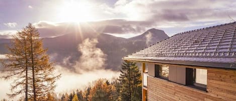 A wooden cabin with a sloped roof, surrounded by a forest and mountains in the background.