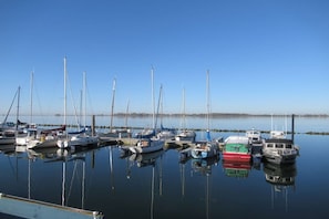 A marina with multiple boats docked.