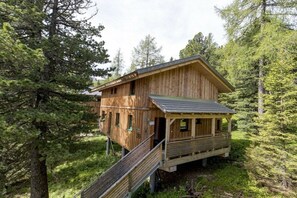 A wooden cabin with a ramp, surrounded by dense forest. - Cabin in Turrach with sauna and balcony (Turrach)