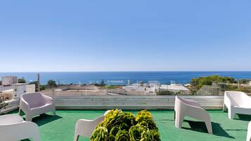 A terrace with a view of the sea, white plastic chairs, and a table with green plants.