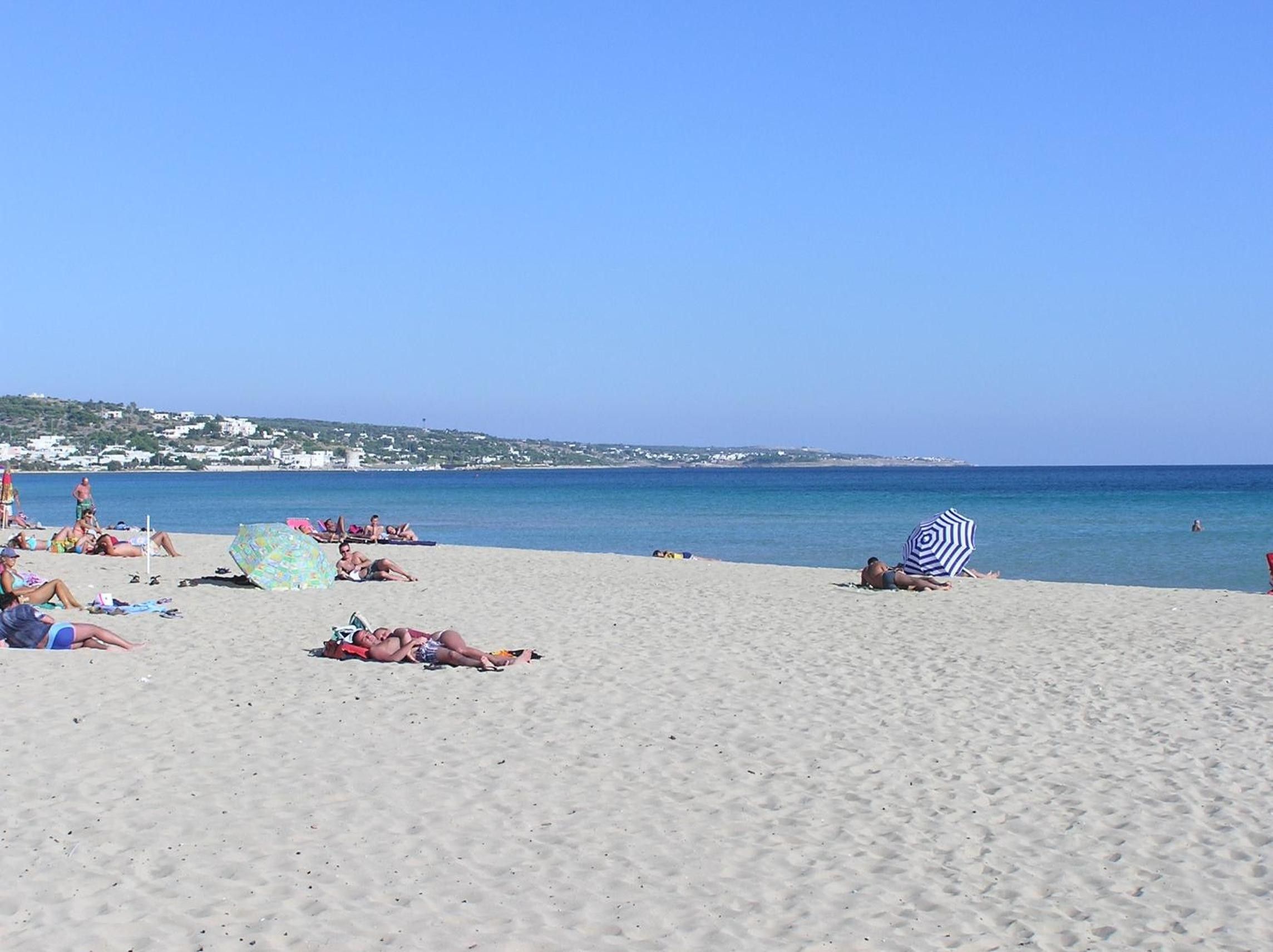 A beach with people sunbathing and swimming, a clear sky, and a distant coastline.