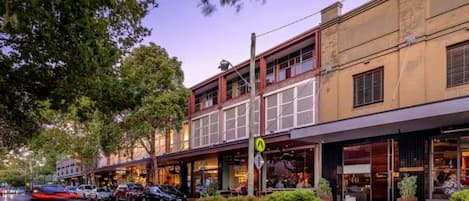 Vista de la calle con un paso de peatones, coches aparcados y edificios con comercios.