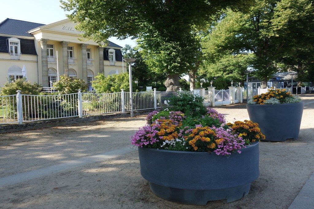 A building with a classical facade, large flower planters, and a white fence.