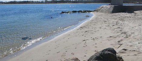 Ein Strand mit klarem Wasser, einem Steinmonument und einer fernen Baumgrenze.