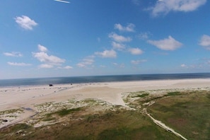 Paesaggio costiero con spiaggia sabbiosa, dune erbose e cielo sereno.