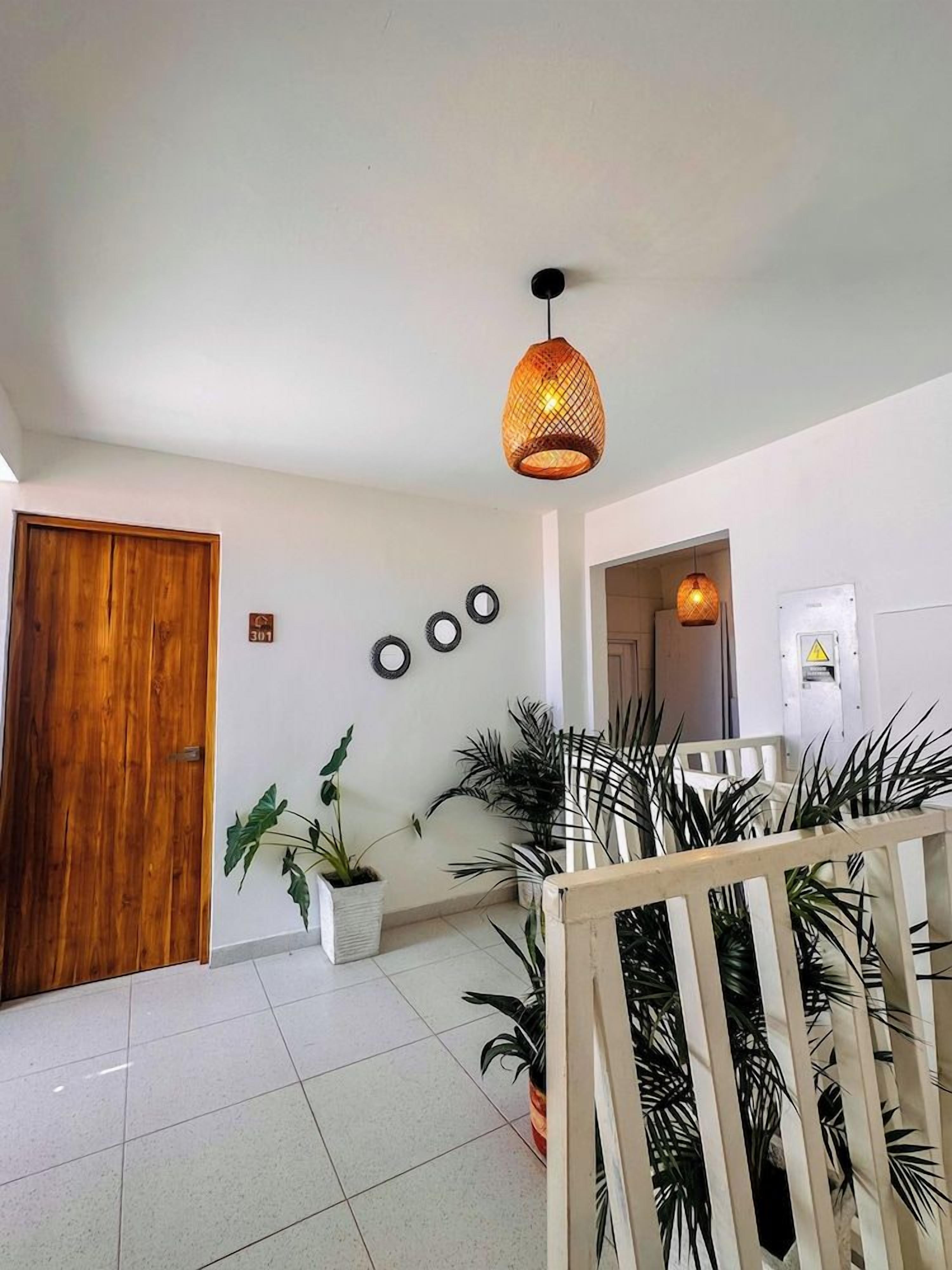 A hallway with a wooden door, potted plants, a hanging light fixture, and a white wall with a circular decoration.