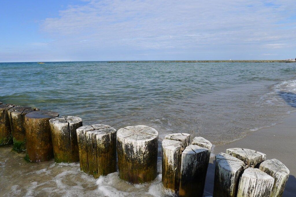 A coastal scene with wooden posts in the water and a distant pier.