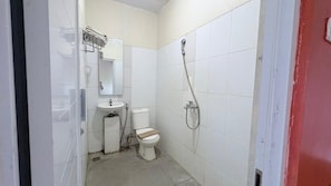 Une petite salle de bain compacte, équipée de toilettes, d’un lavabo et d’une douche.