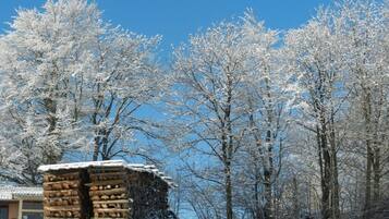 A snow-covered cabin with a log structure and a clear blue sky in the background.