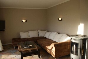 A living room with a brown sofa, a glass coffee table, and a wood-burning stove. - Jona with sauna/fireplace (Schönberg)