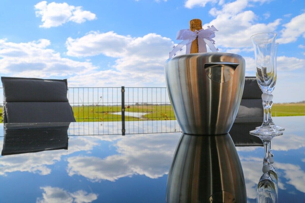 A metallic champagne bottle with a bow on a reflective surface, a clear glass beside it, and a view of a grassy field through a fence.