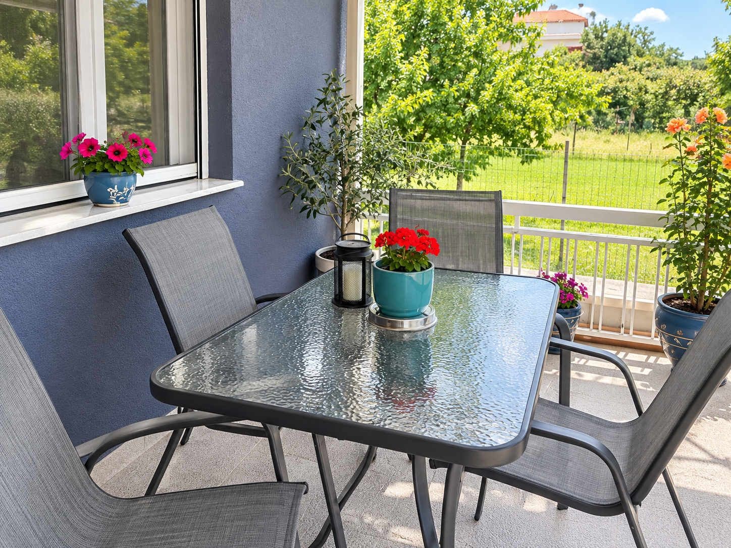Mesa de vidrio con sillas, plantas en macetas y vista a un paisaje verde.
