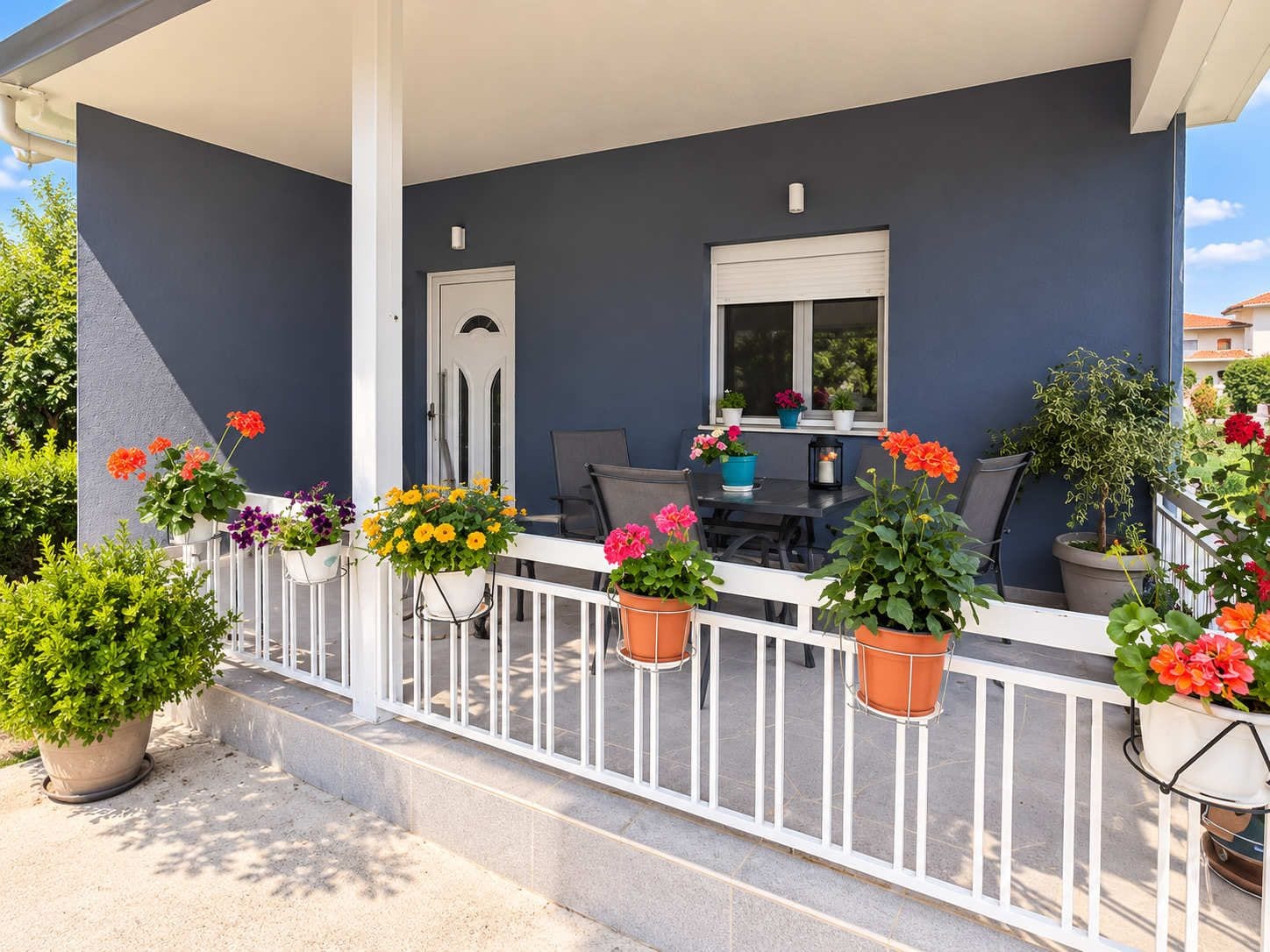 A balcony with a white railing, potted plants, and a table with chairs.