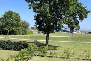 Ein baumbestandenes, grasbewachsenes Gelände mit blauem Himmel.