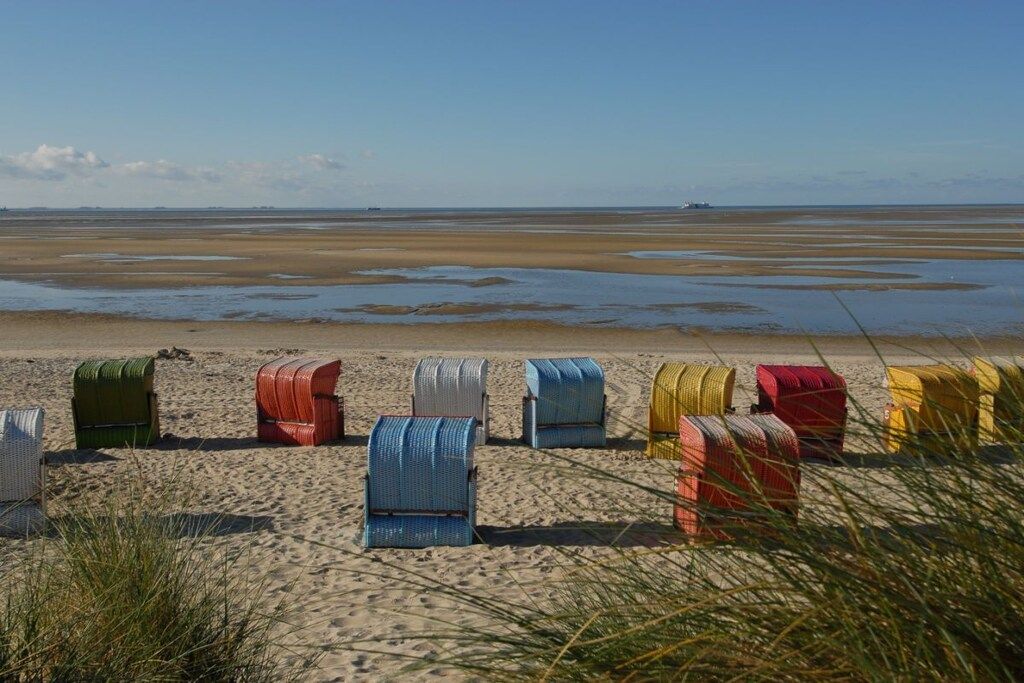Une plage bordée de rangées de chaises de plage colorées, avec une mer calme en arrière-plan.
