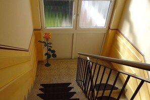A staircase with a handrail, a potted plant with a single flower, and a door with frosted glass panels. - Holiday apartment in Varel with swimming pool (Varel)