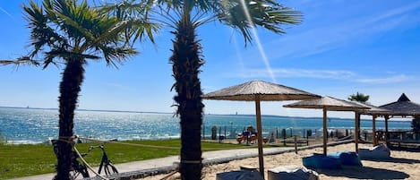 Una spiaggia con palme, ombrelloni e vista libera sul mare.