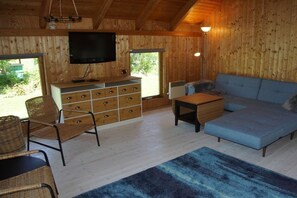 A wooden interior with a sofa, a television, a dresser, and a chair. - Holiday home with 2 bedrooms (Schönberger Strand)