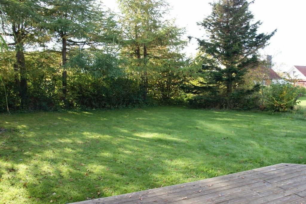 Un espace extérieur verdoyant, avec une terrasse en bois, entouré d’arbres et d’arbustes.