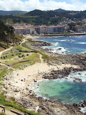 A coastal area with a rocky beach, a walking path, and a residential area in the background.