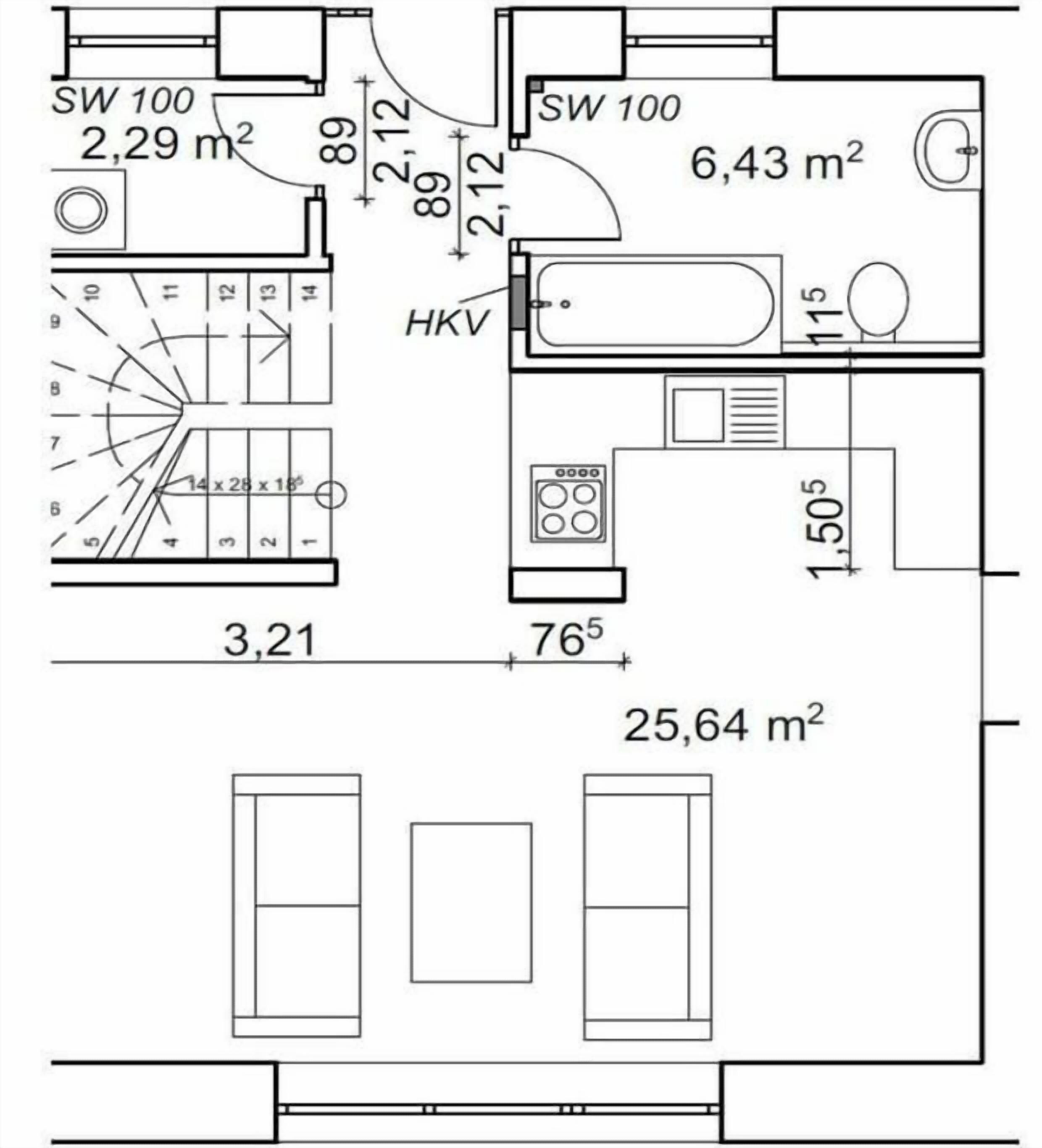 Plano de planta con una superficie total de 25,64 m², que incluye cocina, baño y dos dormitorios.
