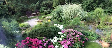 A lush garden with a variety of plants and flowers, a small pond, and a pathway.