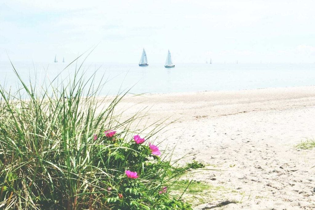 A beach with sand and grass in the foreground and sailboats in the distance.