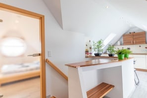 A modern kitchen with a wooden countertop, white cabinets, and potted plants. - Holiday apartment with 1 bedroom (Norddeich)
