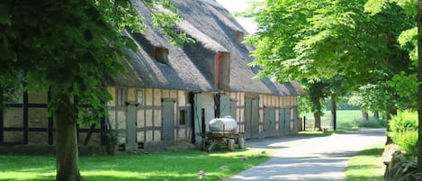 A traditional thatched-roof building with a gravel path leading to it, surrounded by greenery.
