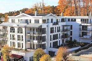 Un edifici de diversos pisos amb balcons i grans finestres, envoltat d'arbres amb fullatge d'autumn.