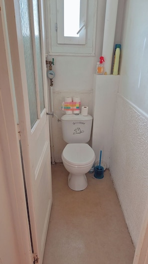 Un bagno piccolo con il water, un asciugamani ad aria e un portasciugamani per carta igienica.