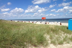 A beach with a row of beach chairs and a red sign in the distance. - Holiday home in Niesgrau with swimming pool (Niesgrau)