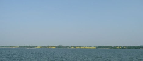 Un lac paisible, avec une rive qui s’étend au loin.