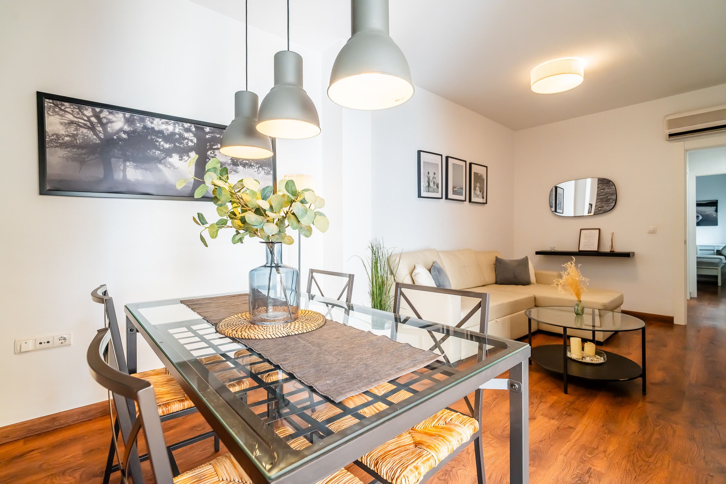 A modern living room with a dining table, chairs, a sofa, and a coffee table. There are framed pictures on the wall, a mirror, and a potted plant.