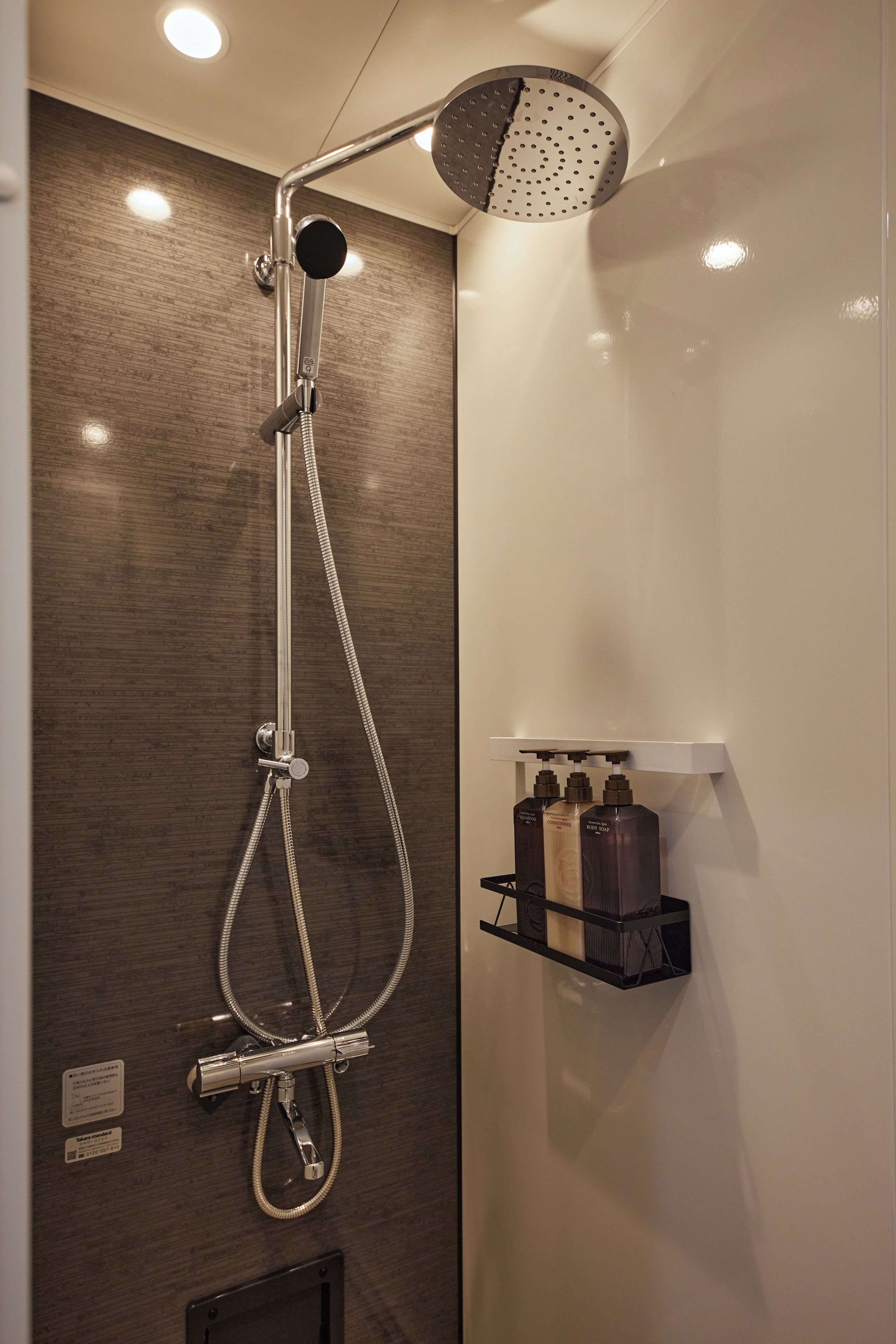 Ducha moderna con cabezal de ducha de mano y ducha de lluvia, montada en una pared con panel de madera.